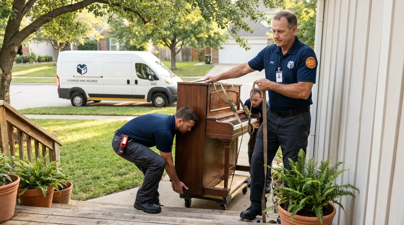 Licensed piano movers securing grand piano in Sartell, MN