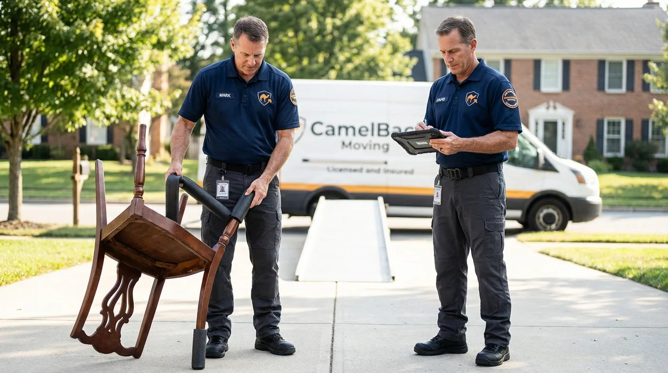 Movers inspecting furniture for damage prevention before loading in Sartell, MN
