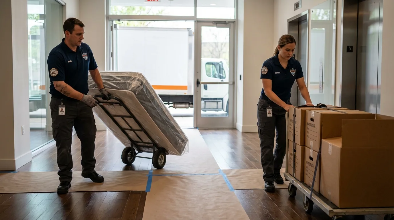 Professional apartment movers loading elevator in Sartell, MN