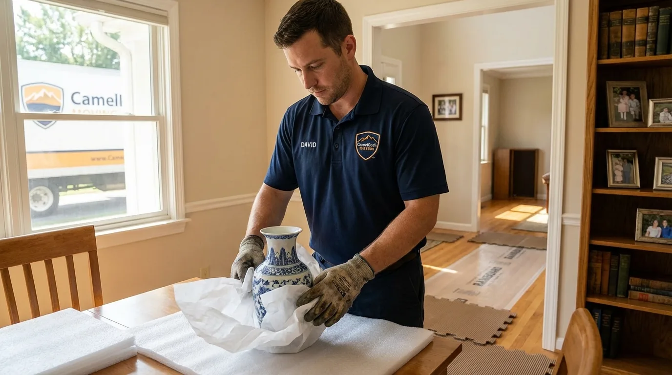 Professional crew carefully wrapping antique vase for senior downsizing move in Sartell, MN